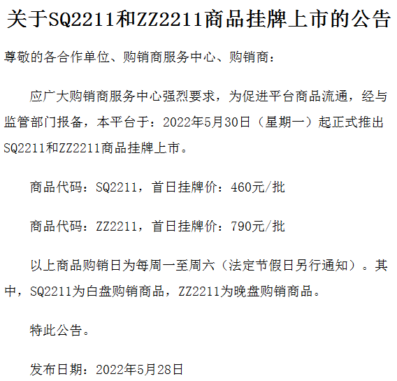 青岛北方农商关于SQ2211和ZZ2211商品挂牌上市的公告